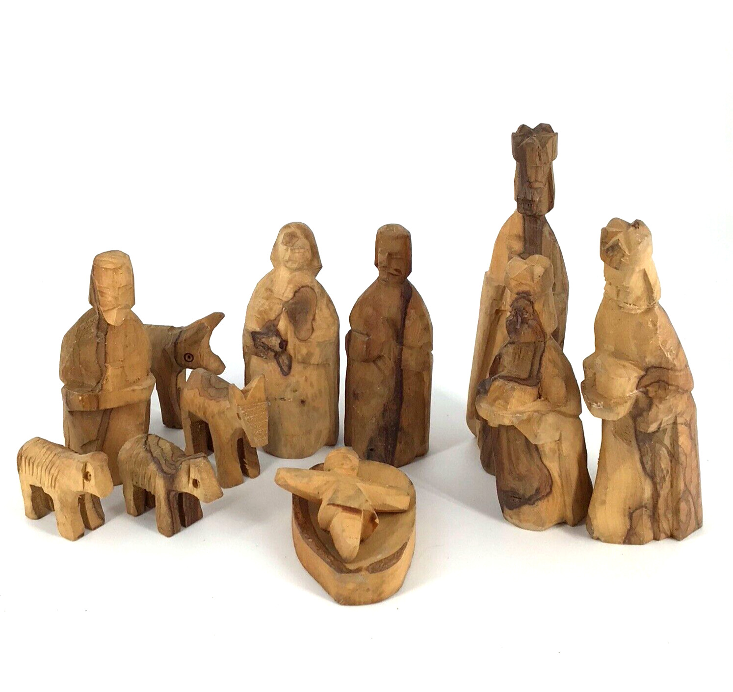 Vintage Hand Carved Olive Wood Nativity Set 12 PCs Made In Bethlehem Israel