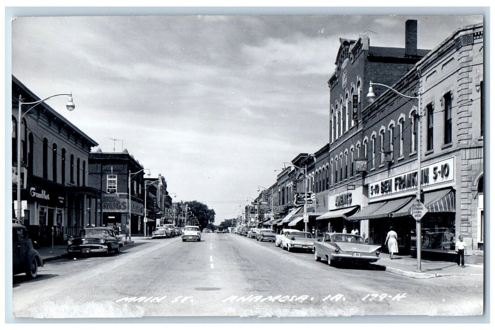 Anamosa Iowa IA Postcard RPPC Photo Main Street Ben Franklin Aments Cafe 1959