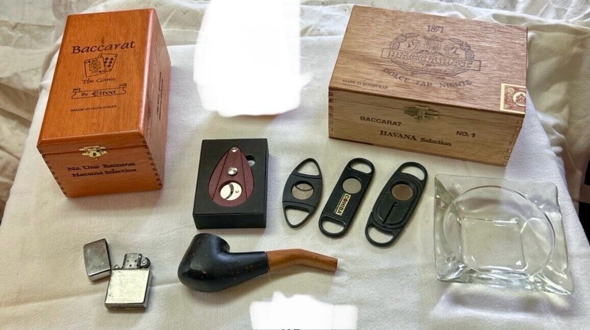 Vintage Cigar/Tobacco Lot- 2 Boxes, 4 Cigar Cutters, Ashtray, Pipe,Zippo Lighter