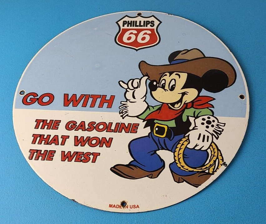 Vintage Phillips 66 Sign - Porcelain Mickey Mouse Cowboy Gas Oil Pump Plate Sign