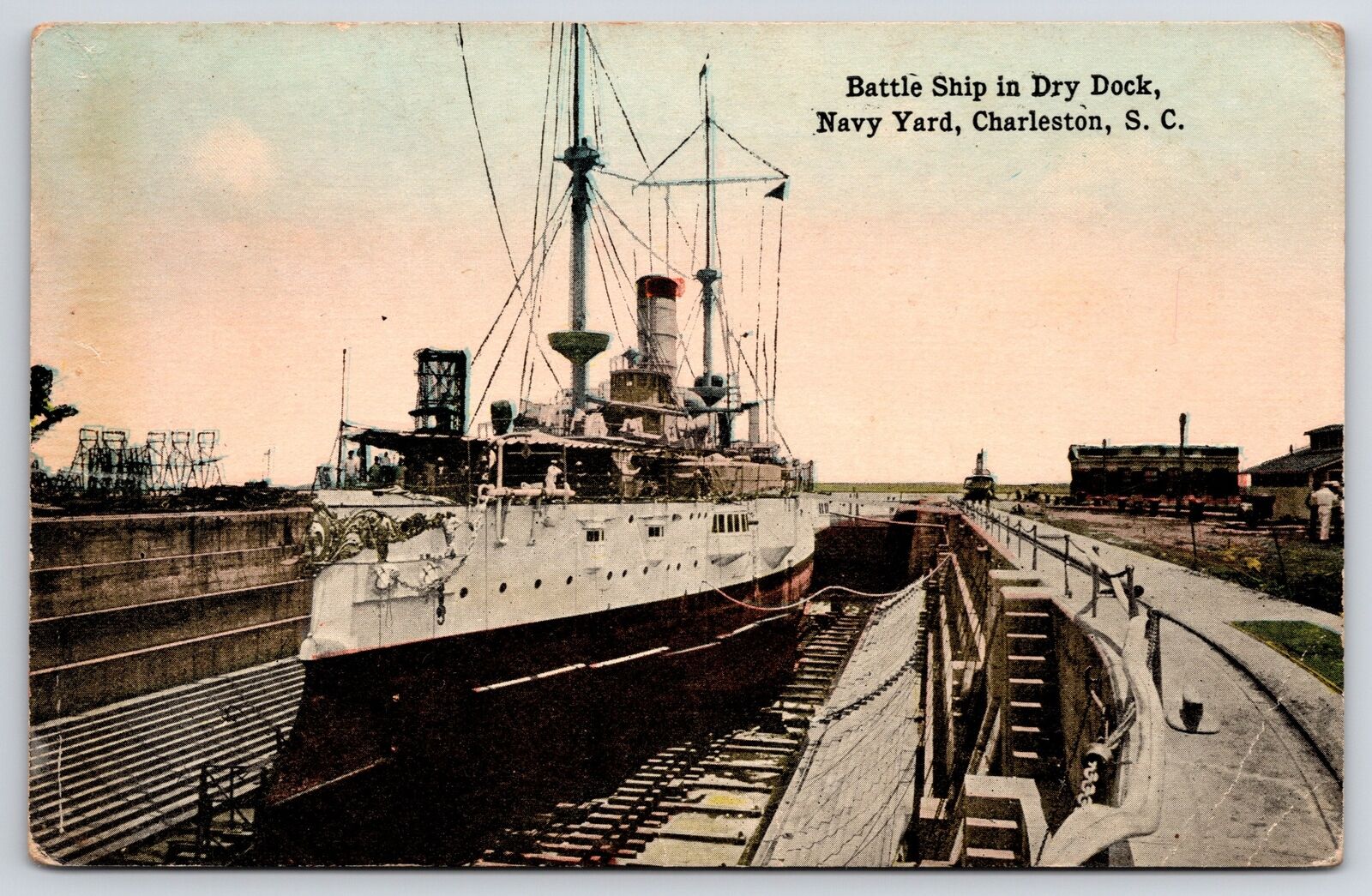 Vintage Postcard Battleship in Dry Dock Navy Yard Charleston South Carolina SC