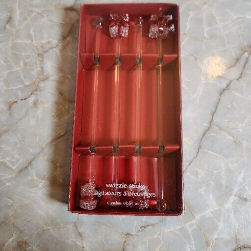 Set Of 4 Pier 1 Christmas/Holiday Glass Swizzle Sticks New in Box