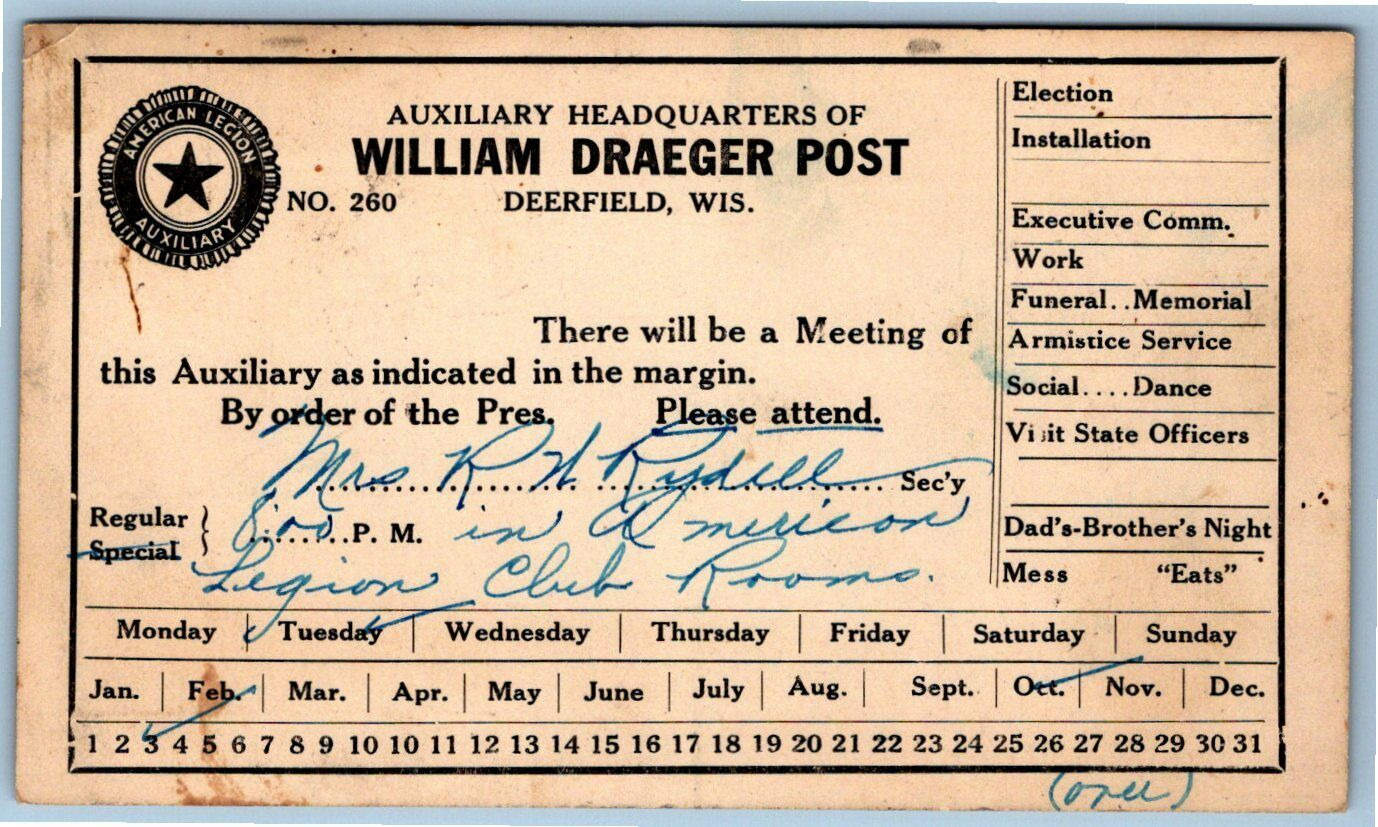 Postcard~ Marked 1922~ American Legion Auxiliary~ Deerfield, Wisconsin~WI
