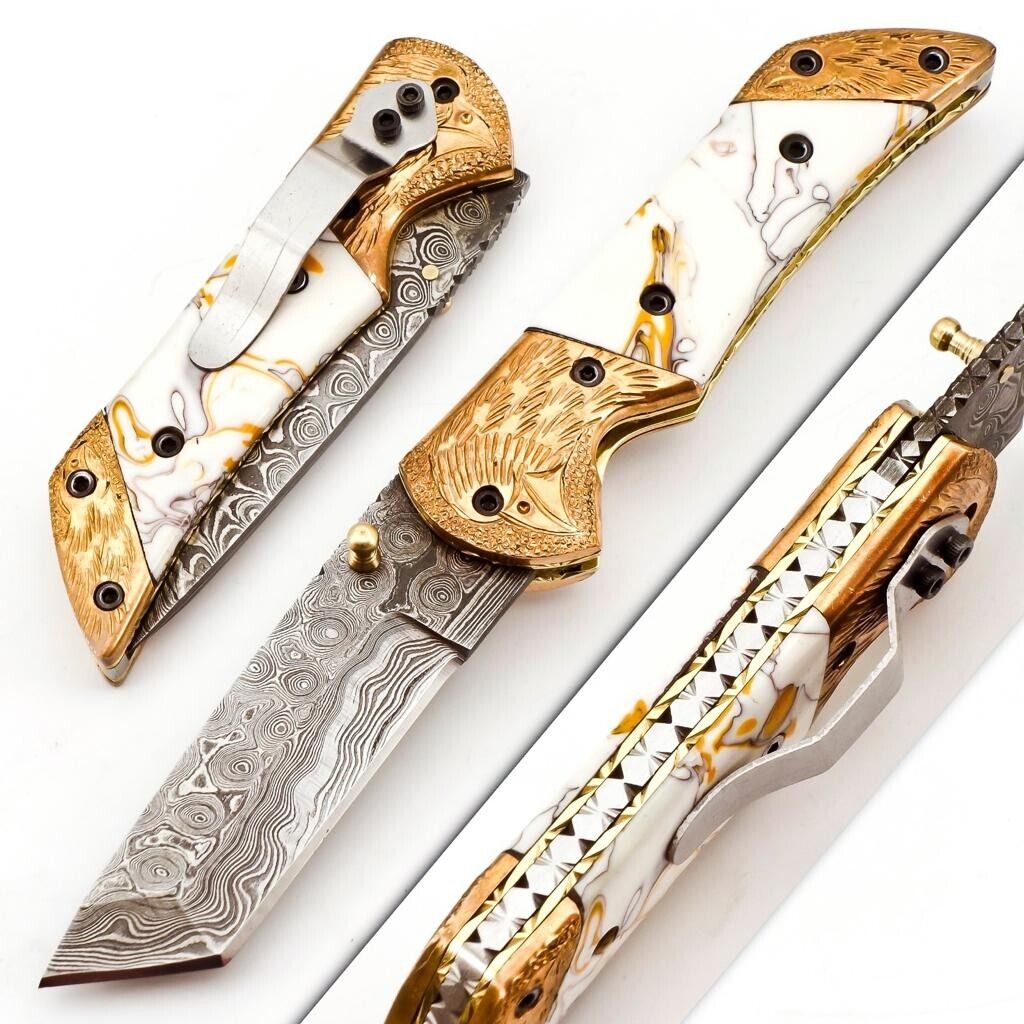 Custom HAND FORGED Damascus Steel Hunting Folding Resin Handled Pocket Knife5983
