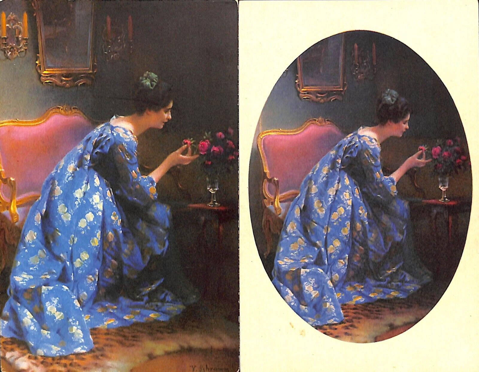Lot of 3 vintage fine art postcards V. Schramm - The Blue Lady & Art Enjoyment