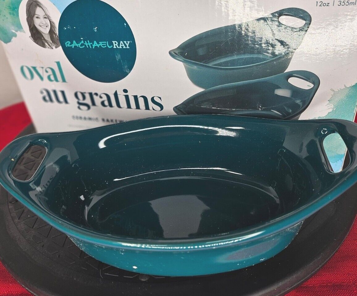 NEW RACHAEL RAY Teal Blue Green CERAMIC OVAL AU GRATINS Bakeware 2 Pc Open Box 