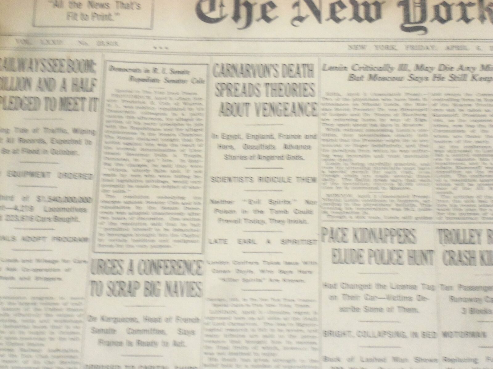 1923 APRIL 6 NEW YORK TIMES - CARNARVON\'S DEATH SPREADS THEORIES - NT 8336