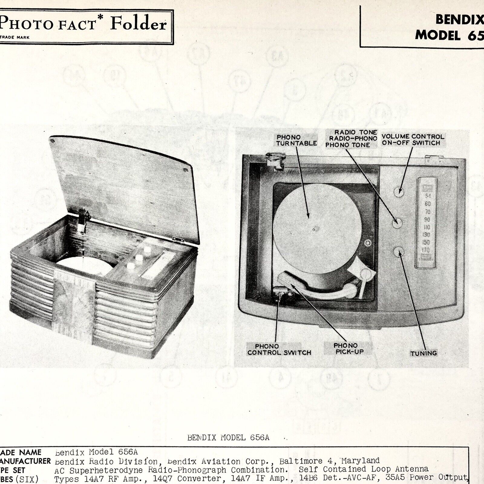 Vintage Original 1946 Bendix Phono Radio Model 656A Wire Schematic Repair Manual