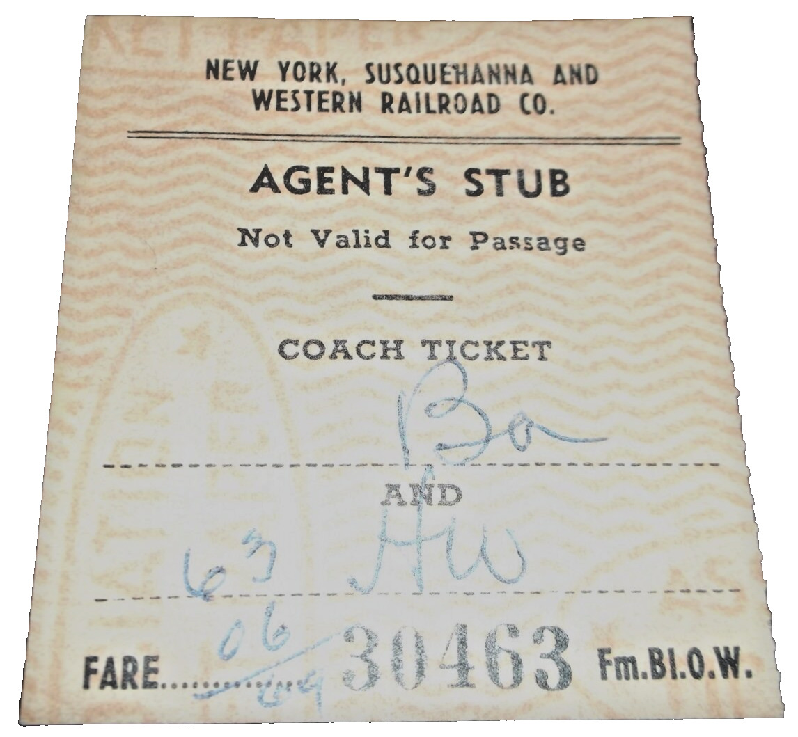 SEPTEMBER 1958 NYS&W NEW YORK SUSQUEHANNA AND WESTERN BUTLER NJ AGENT'S STUB