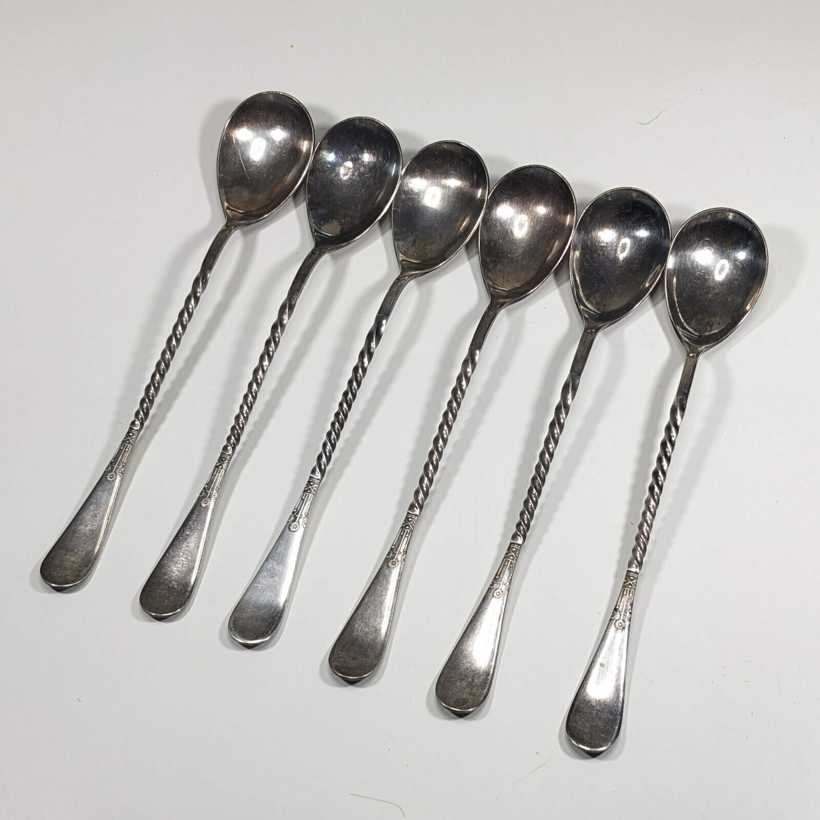 John Matthews Apparatus Co. Soda Spoons 6pc Set - vintage twist rare silverplate