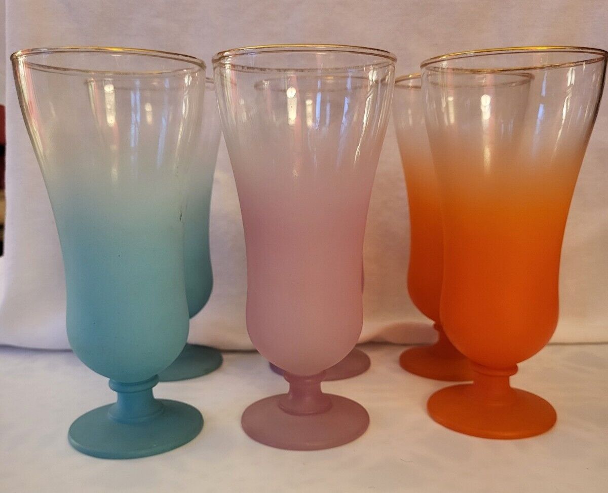 Vintage Mint 1960s Set of 6 Frosted Multi-Color Dessert /Pedestal Glasses MCM