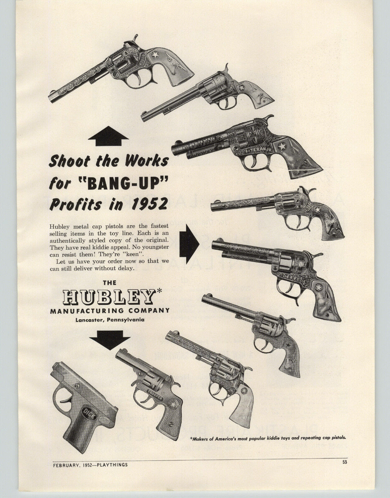 1952 PAPER AD Hubley Toy Cap Gun Rodeo Cowboy Texan Star Dick Trooper Sure Shot