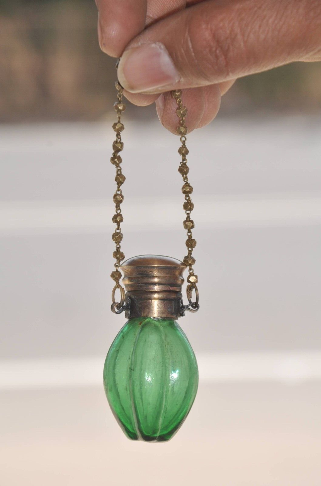 Vintage Line Design Unique Shape Small Green Glass Perfume Bottle