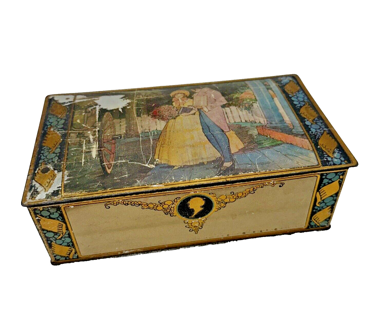 VTG Canco Art Nouveau Hinged Tin Box with Courtship Scene Weathered Estate Piece