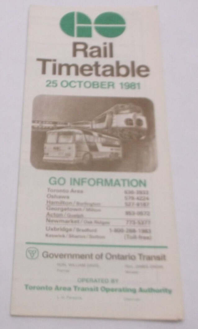 OCTOBER 1981 GO TRANSIT GO RAIL PUBLIC TIMETABLE