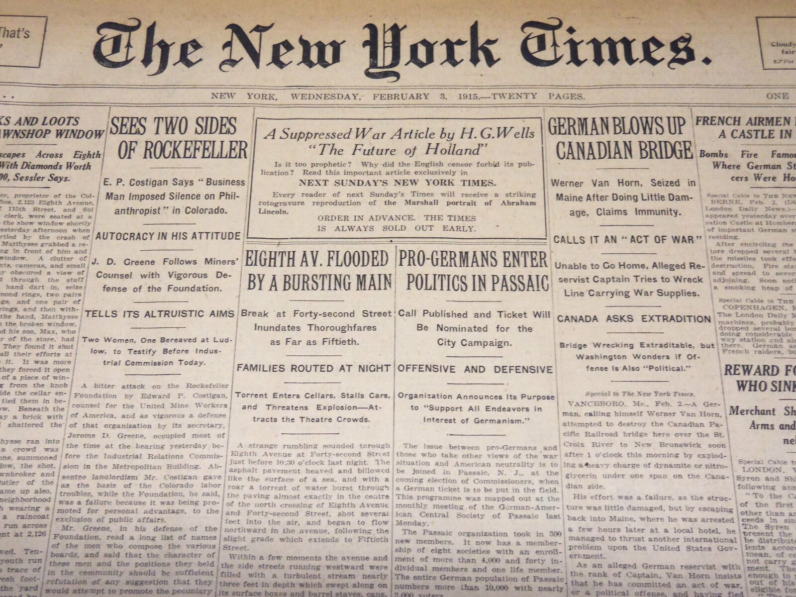 1915 FEBRUARY 3 NEW YORK TIMES NEWSPAPER- SEES TWO SIDES OF ROCKEFELLER- NT 7764