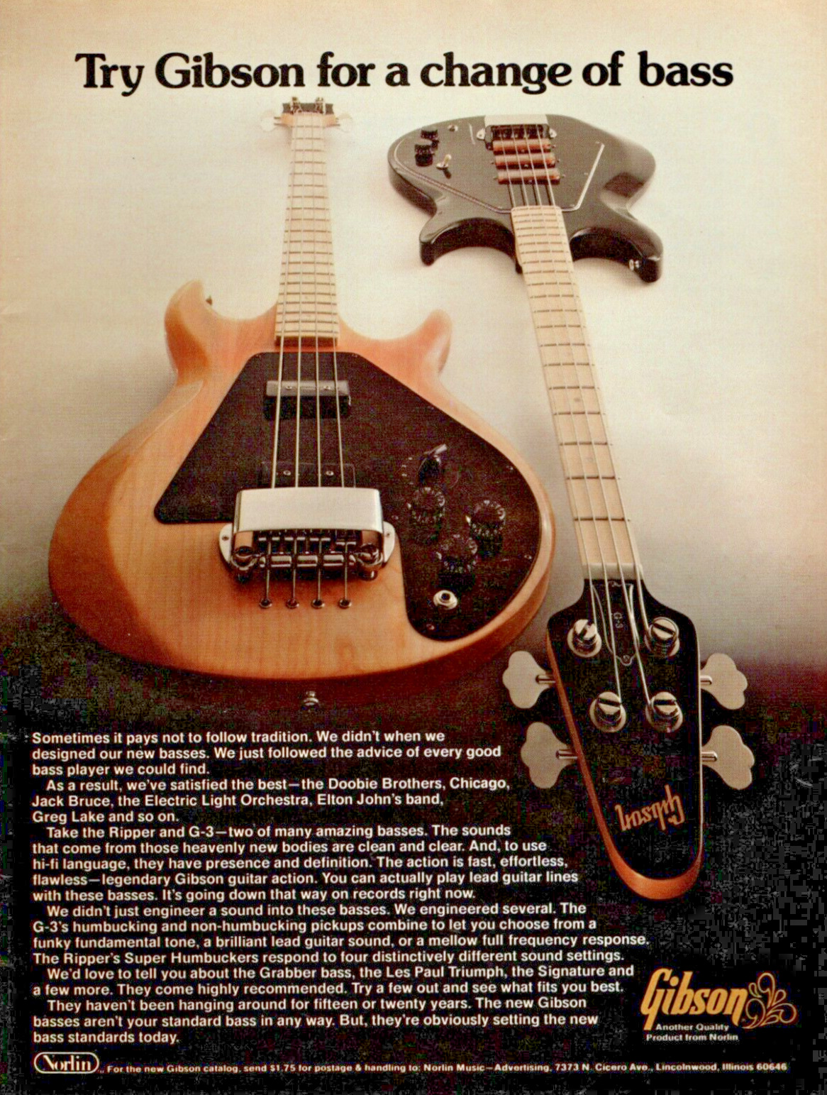 vtg 1970s GIBSON RIPPER & G-3 MAGAZINE PRINT AD Bass Guitars Pinup Page