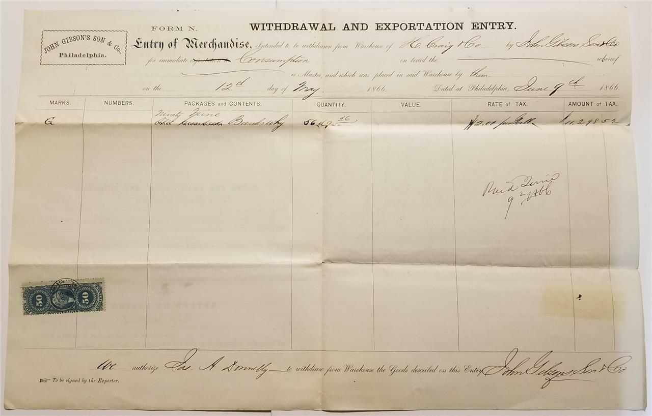 Civil War Era 1866 John Gibson Whisky Philadelphia Port Customs Export Form