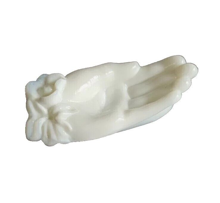 Vintage White Milk Glass  Hand with Flowers Roses Jewelry Holder Trinket Dish