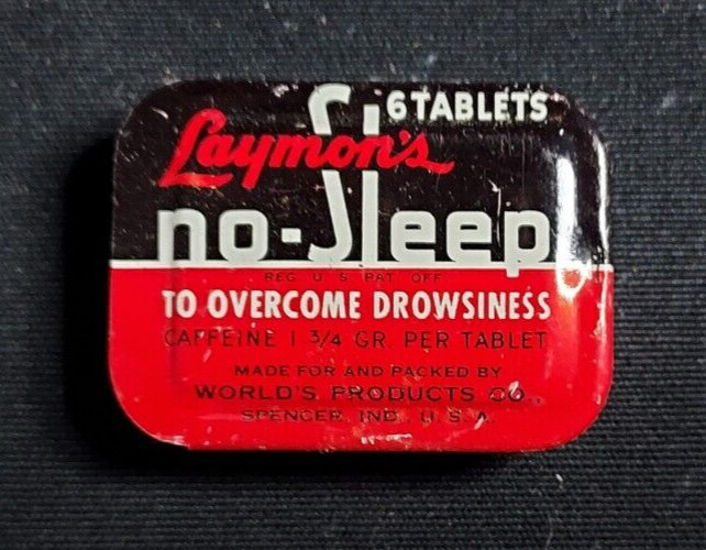Old Ad Medicine Tin Laymon\'s No-Sleep For Drowsiness World\'s Products Spencer IN