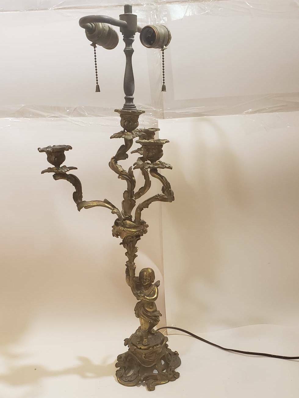 Antique German Bronze Figural 4-arm Candlesticks/Candelabra/Lamp w/Cupid c.1850s