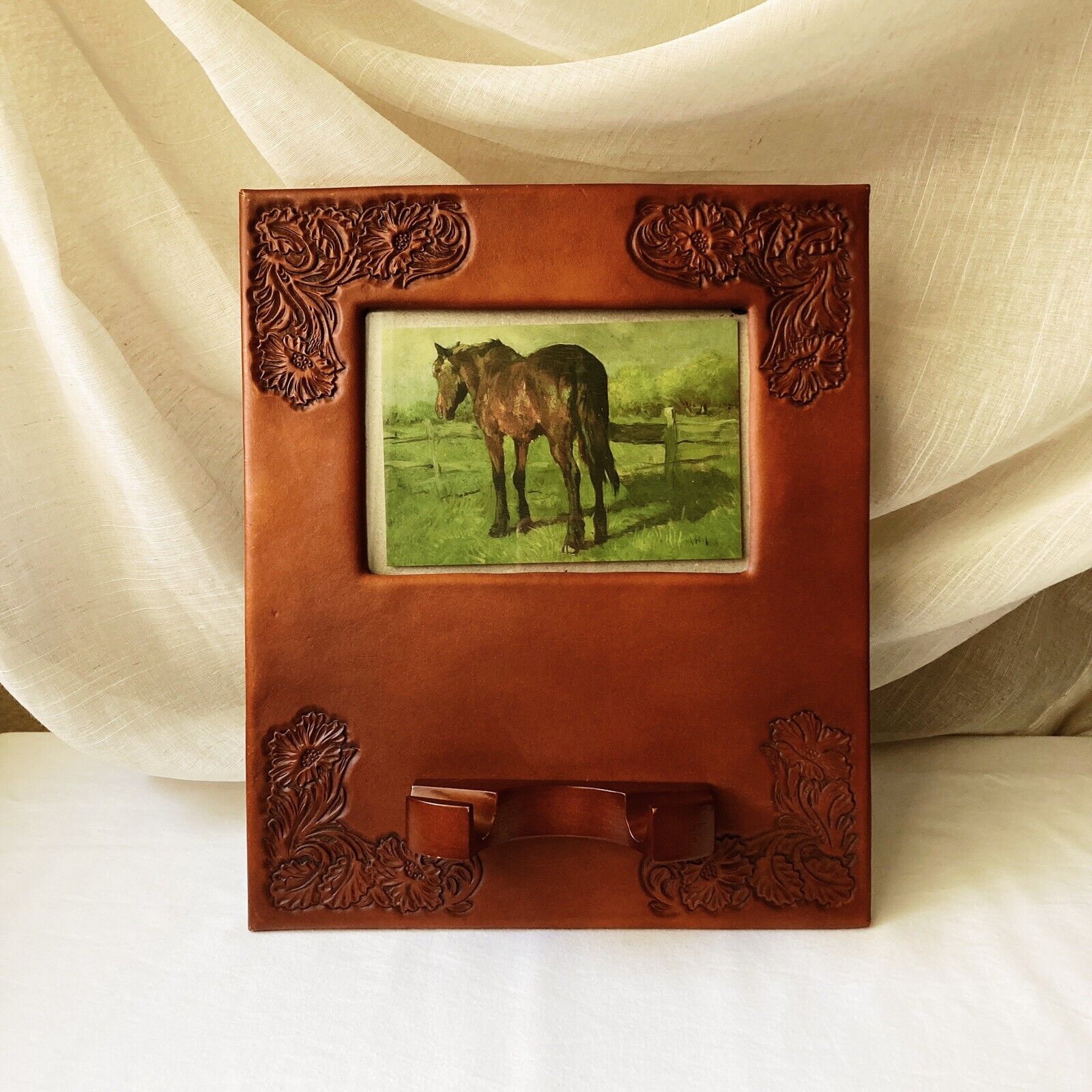 Western Style Leather Tooled Frame For Photo And Buckle Display