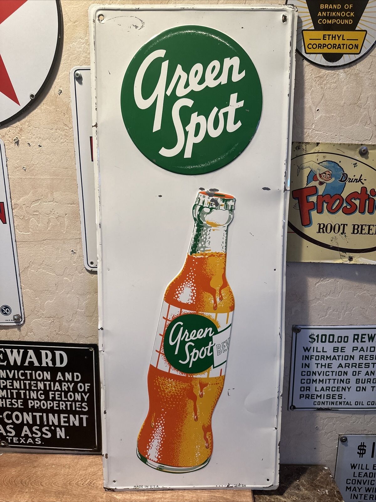 RARE EARLY ORIGINAL & EMBOSSED ''GREEN SPOT'' 36X14 INCH DEALER SIGN