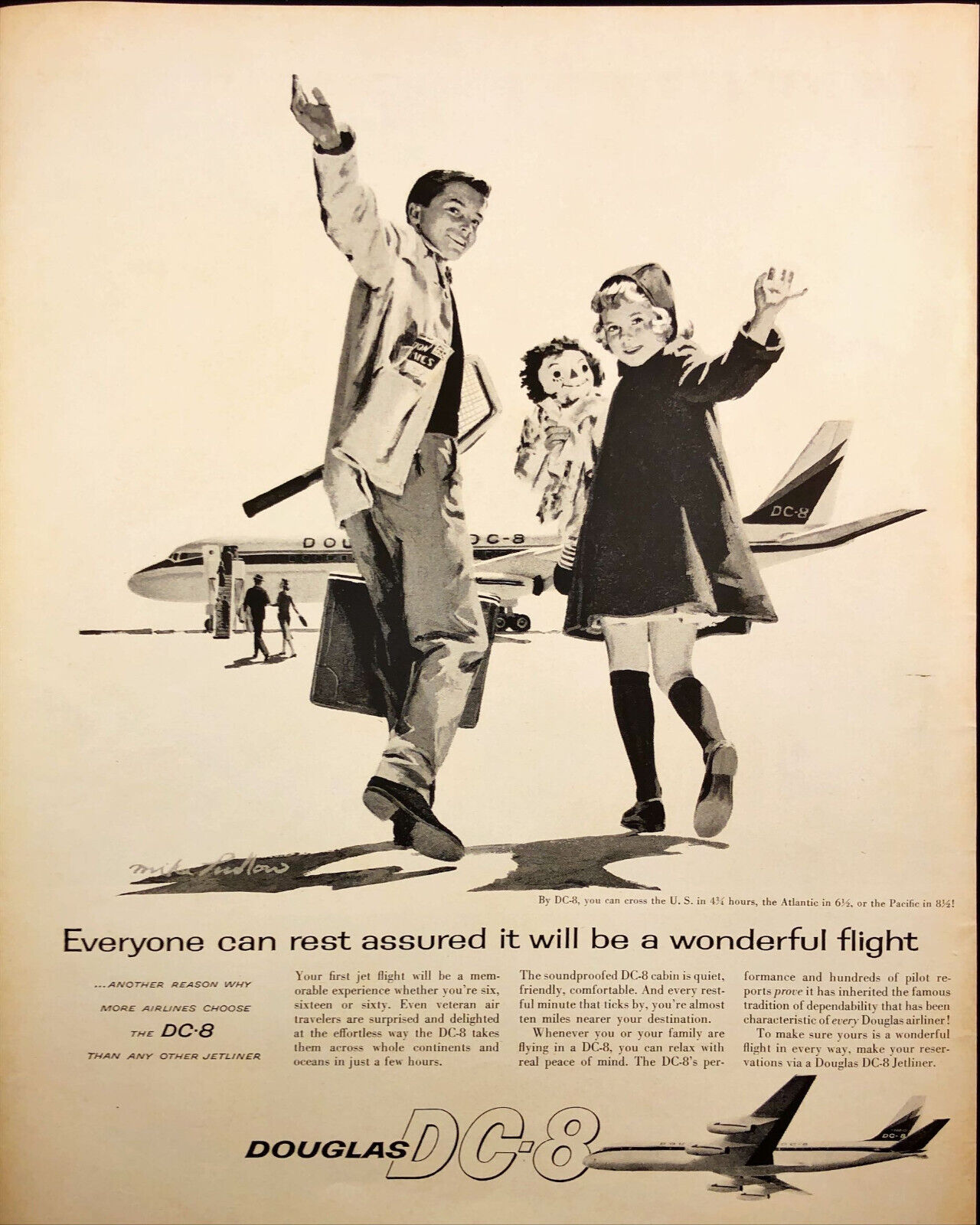 1960 Douglas Dc-8 Print Ad Brother & Sister Raggedy Anne Boarding Airline