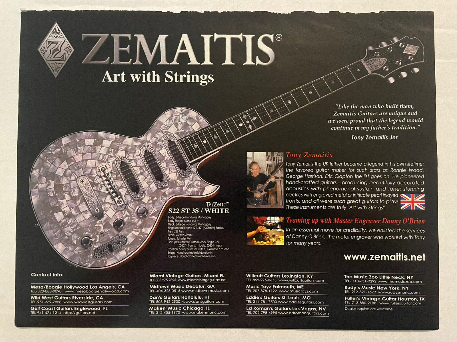 Tony Zemaitis Guitars Magazine Print Ad Art with Strings TerZetto S22 ST 3S