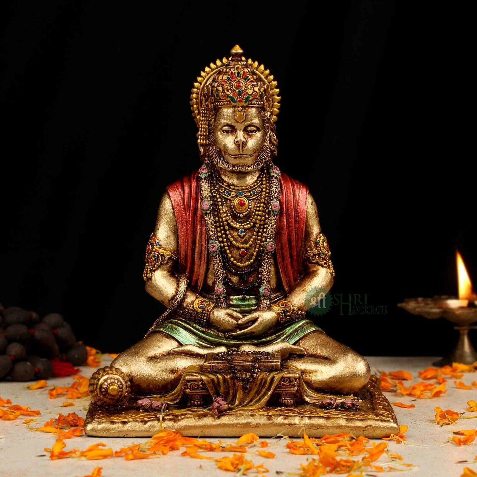 Lord Hanuman Sitting Religious Statue with Gada Hindu Bahubali God Figurine Idol