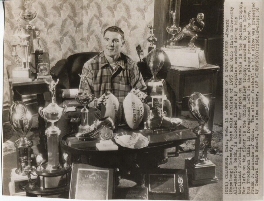 1956 Press Photo Howard Hopalong Cassady with Football Trophies and Awards