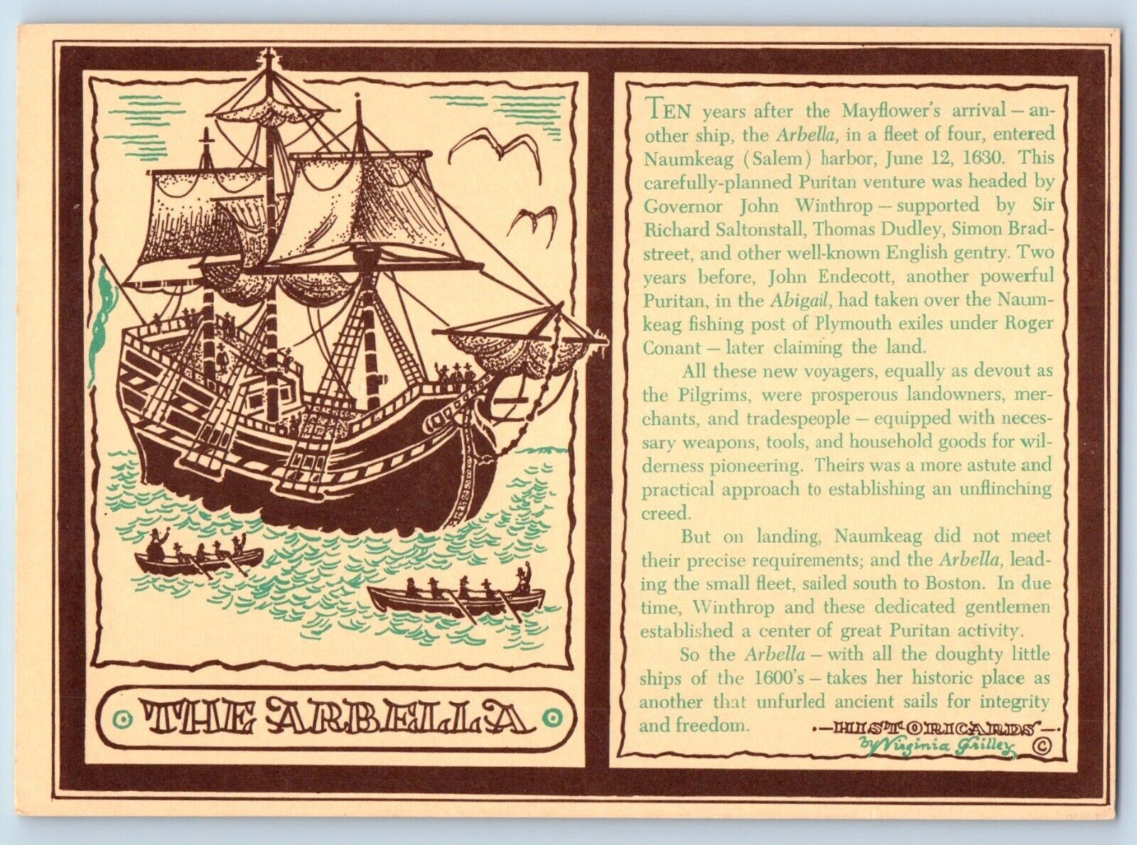 c1950's The Arbella Sailship Historicards Virginia Grilley Salem MA Postcard