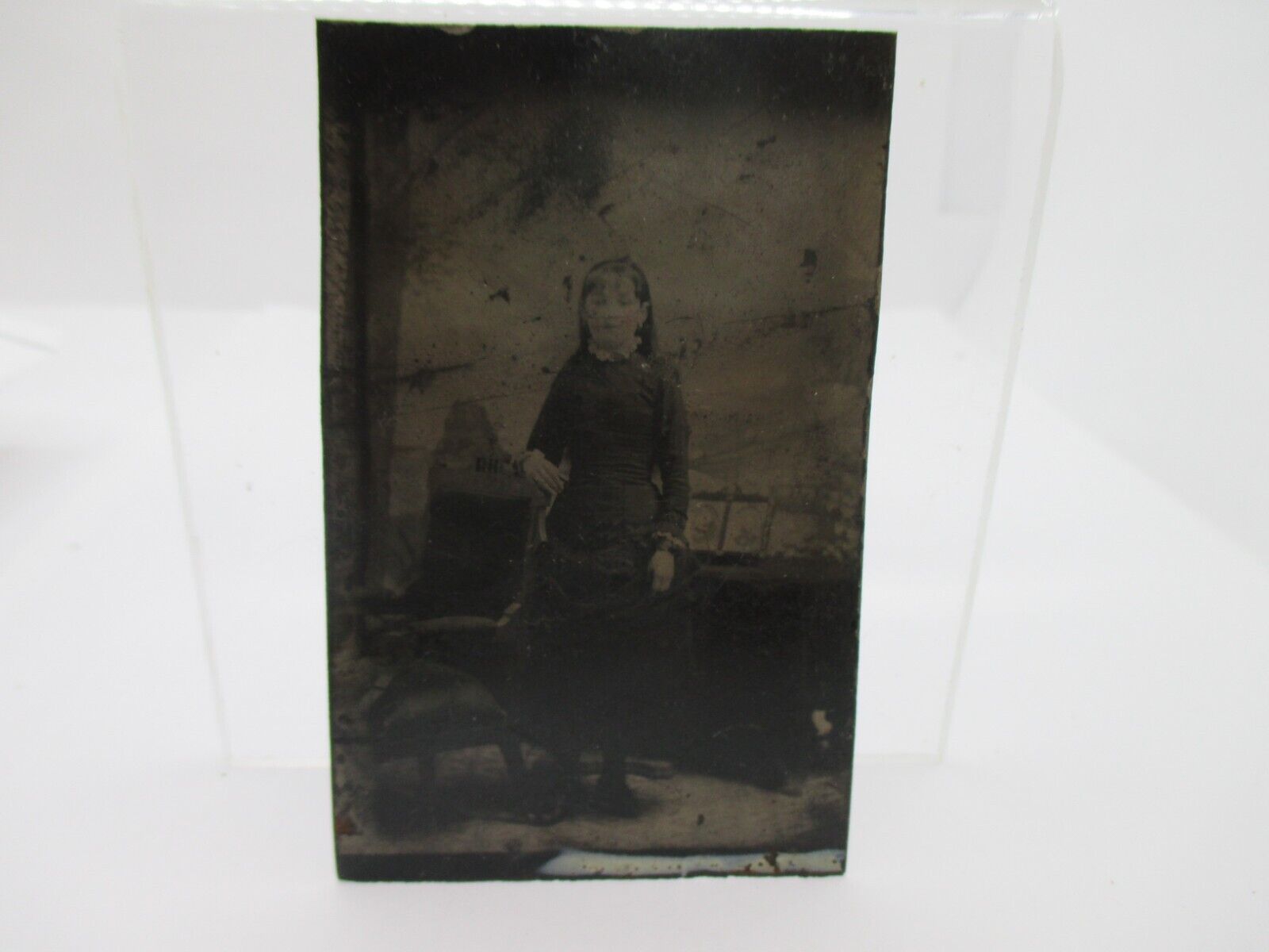 Tintype Photograph Precious Young Girl Victorian Antique Dress Standing Scene G