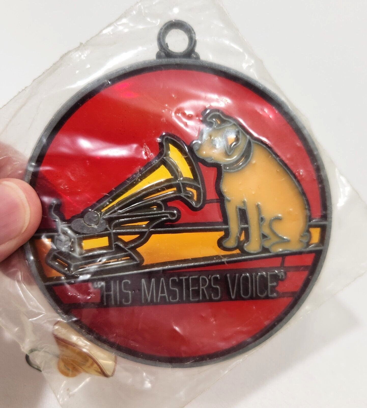 Vintage 70s RCA VICTOR NIPPER His Masters Voice Stain Glass Ornament Sun Catcher