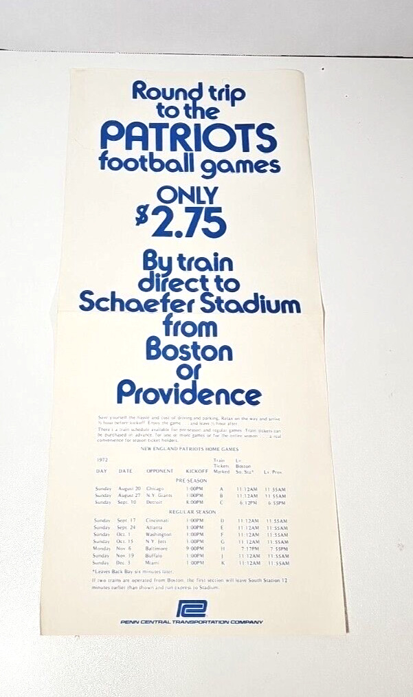 Penn Central Football Train From Boston Flyer 1972 NE Patriots Schafer Stadium