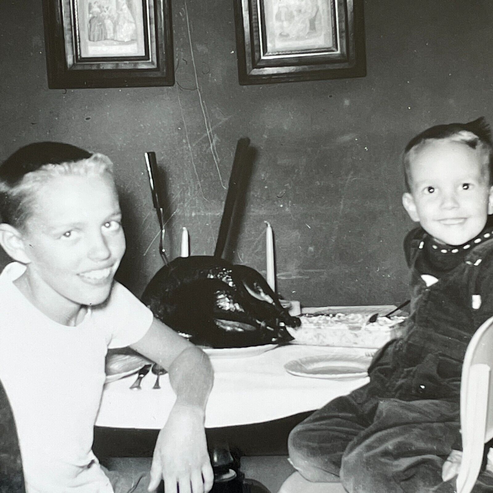 G1 Photograph Kids Boys Waiting To Eat Thanksgiving Dinner 1940-50\'s