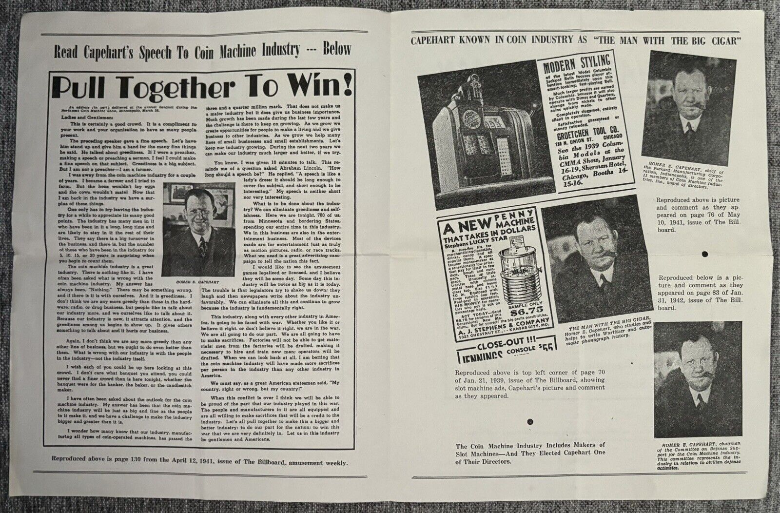 1941 Vtg Anti Homer Capehart Indiana Senator Slot Coin Machine Campaign Ad