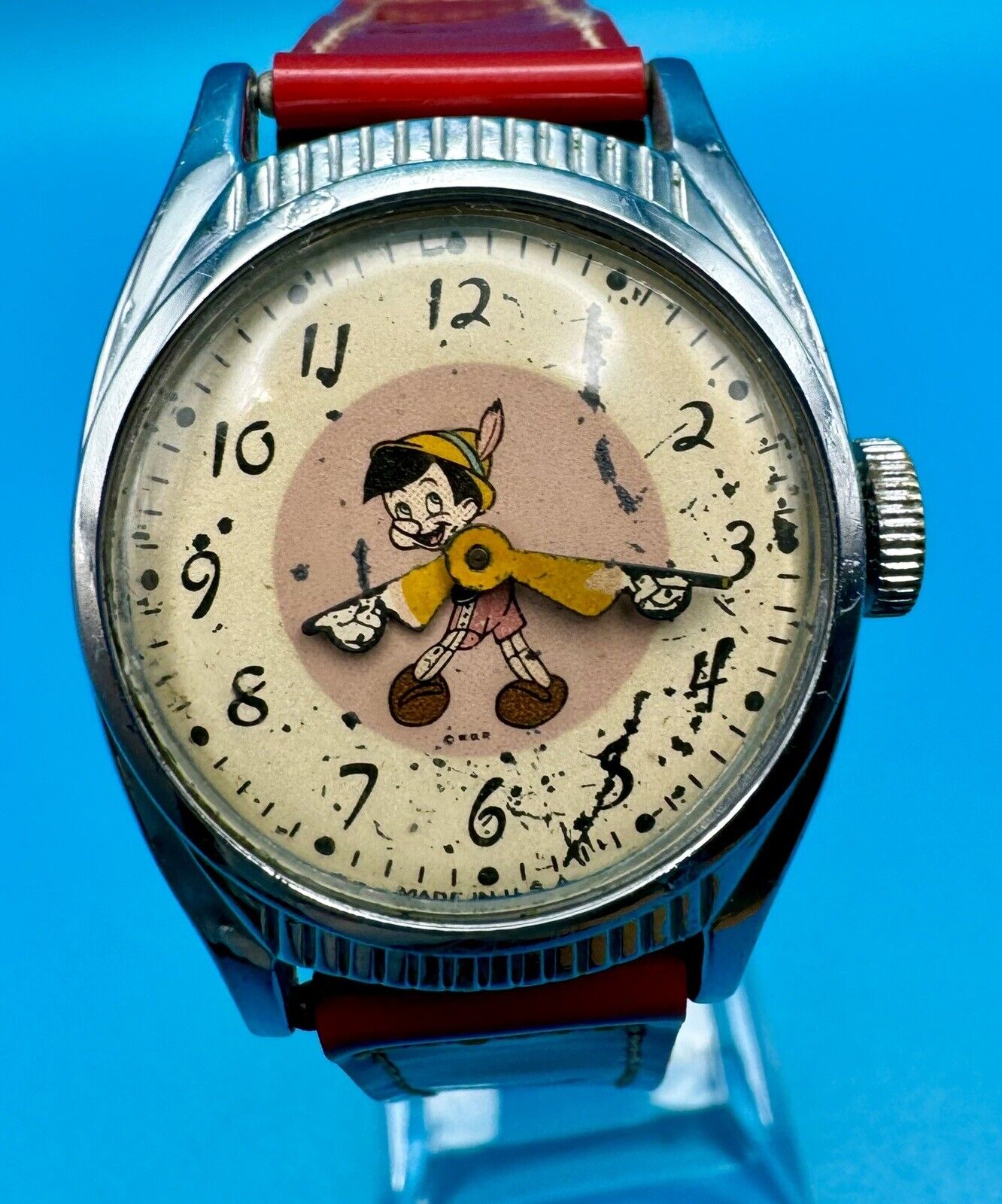 Ingersoll Pinocchio 1947 Disney Birthday Watch w/Org Band - Overhauled & Running