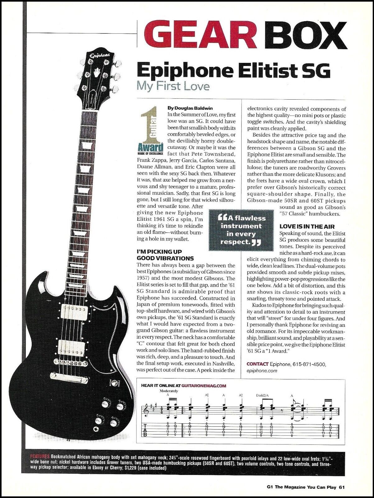 Epiphone Elitist SG + Ovation Elite 1778T-S guitar review 2003 article print