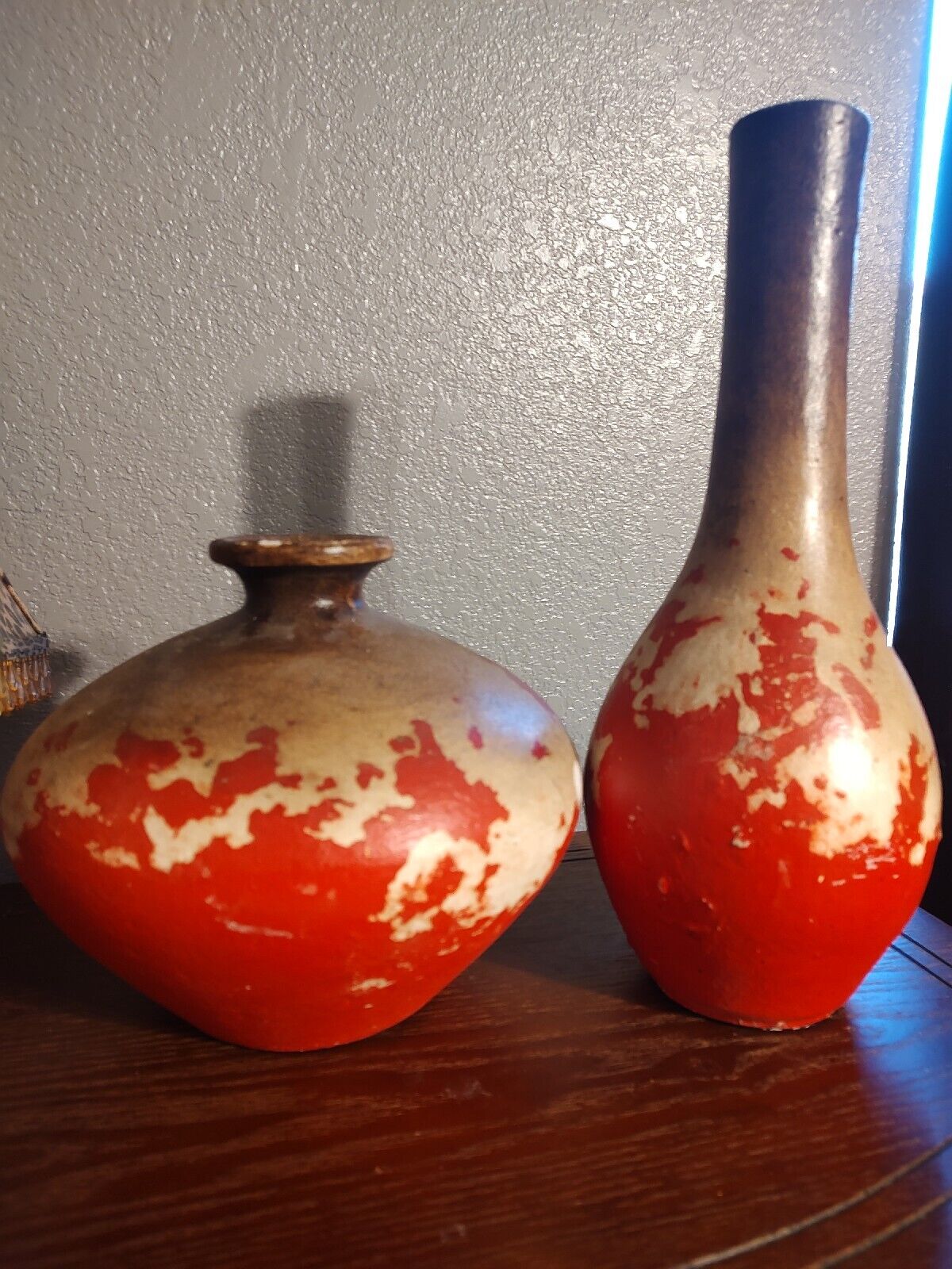 Bottle Vase Antiqued Look Pottery Ceramic Red Paint  12\