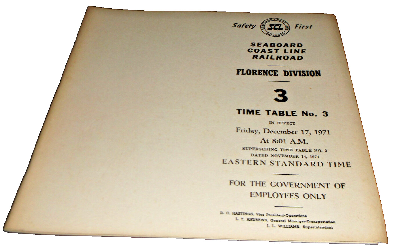 DECEMBER 1971 SCL SEABOARD COAST LINE FLORENCE DIVISION EMPLOYEE TIMETABLE #3
