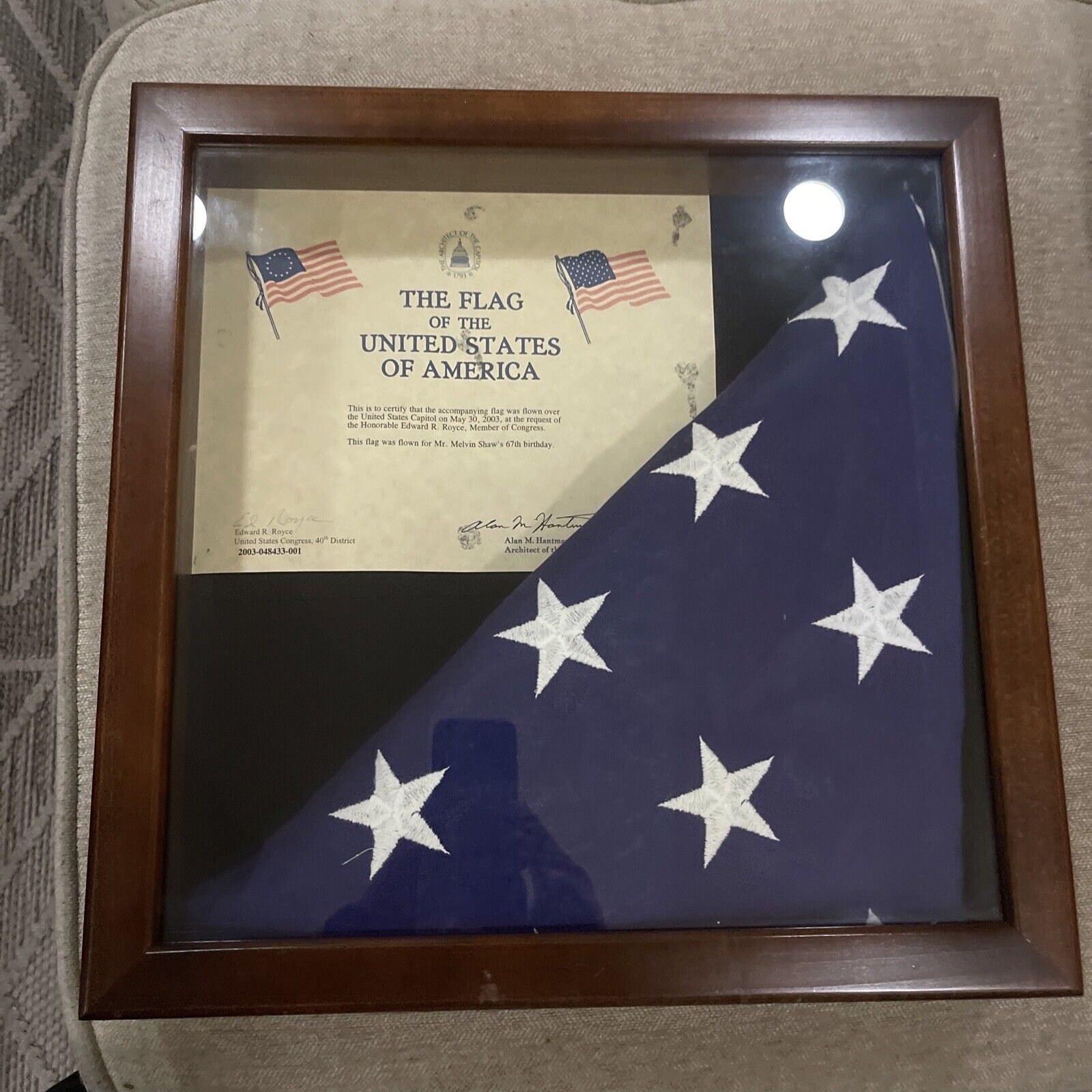 American Flag Flown Over Capital on 5/30/03 with Certificate Beautiful Display