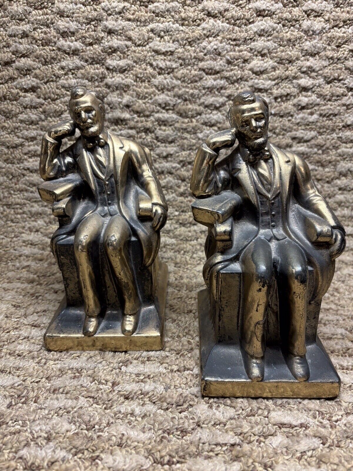 Vintage President Abraham Lincoln Bookends Pair Seated Statue Brass Hollow Abe