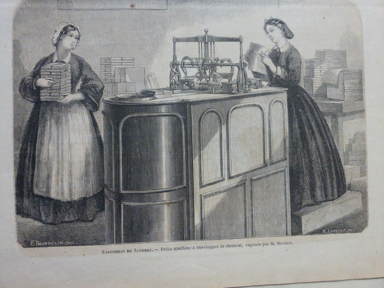 1867 London Chocolate Machine Devinck 2 Old Newspapers