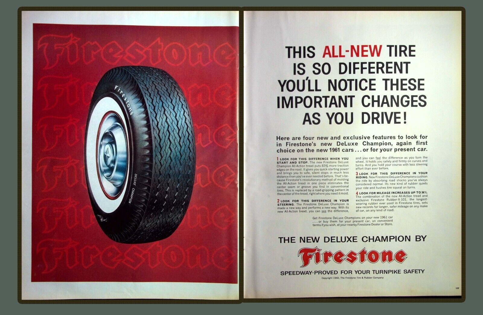 Firestone Deluxe Tire Champion 2 Page Vintage Print Ad Hard to Find 1960