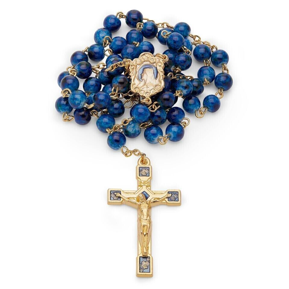 Rosary Beads Catholic Blue Glass Madonna Medal Cross Blessed By Pope in Roma