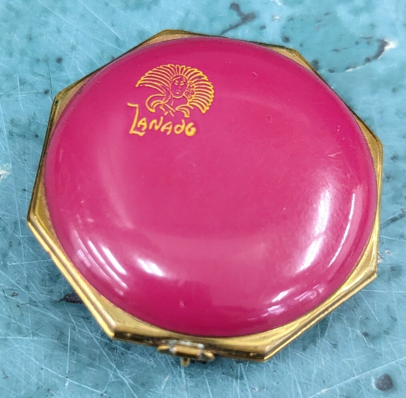 Rare Vintage France Pink With Gold Trim Lanadu Compact Miniature Make Up Case