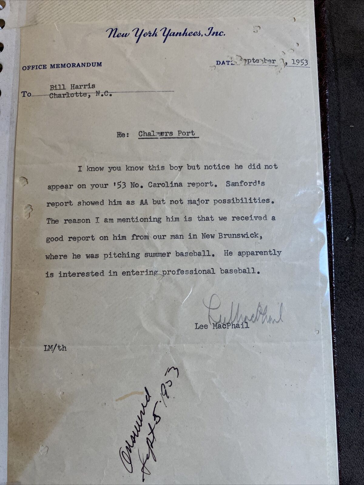 New York Yankees Office Memo, Signed By Lee Macphail 