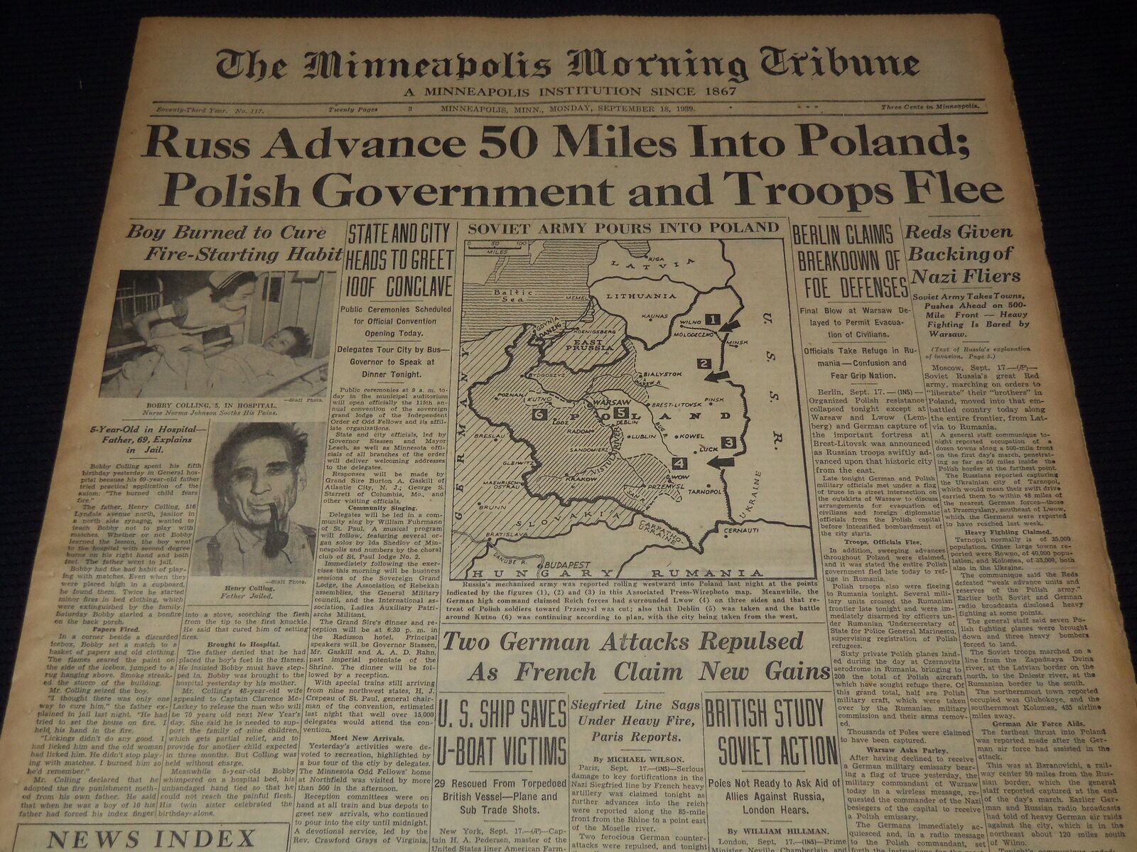 1939 SEPTEMBER 18 MINNEAPOLIS MORNING TRIBUNE - RUSS ADVANCES 50 MILES - NT 9534