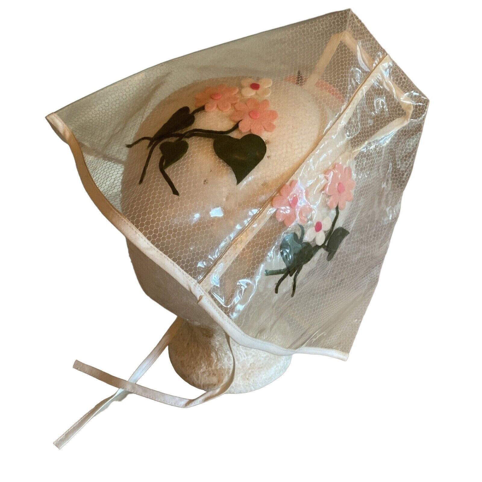 Vintage 1960s Plastic Raincap Tent Hat Pink Felt Daisies Flowers Psychedelic Mod